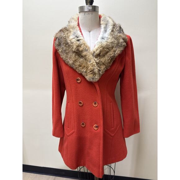 VTG 60s Orange Wool Coat Real Rabbit Fur Collar Double Breasted Union Made USA - Picture 1 of 9